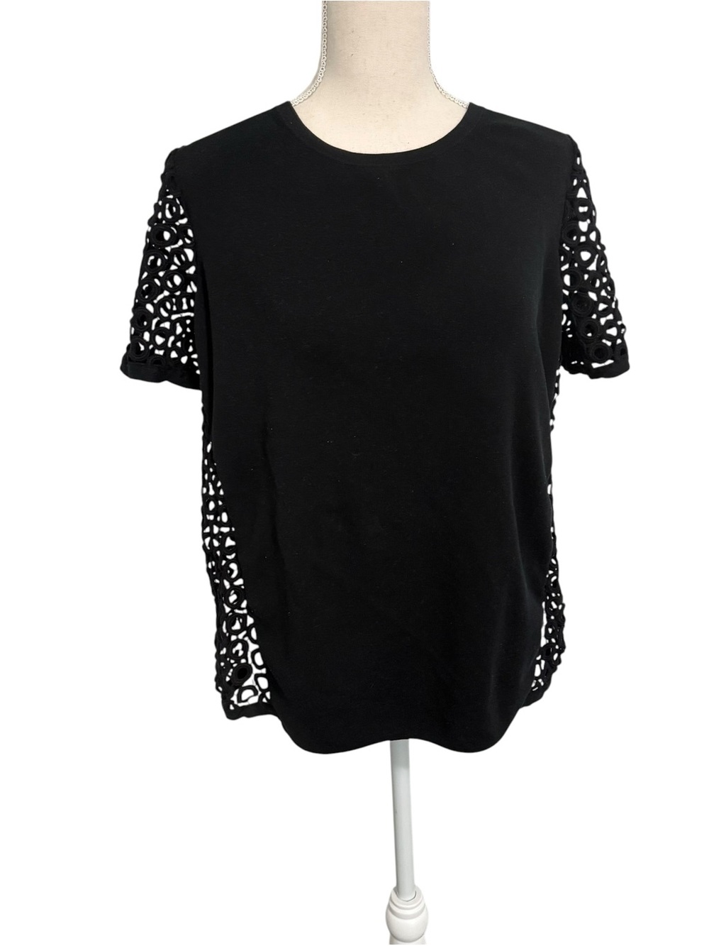 Lafayette 148 New York Black‎ Cotton Crochet Eyelet Sleeve Knit Top Large